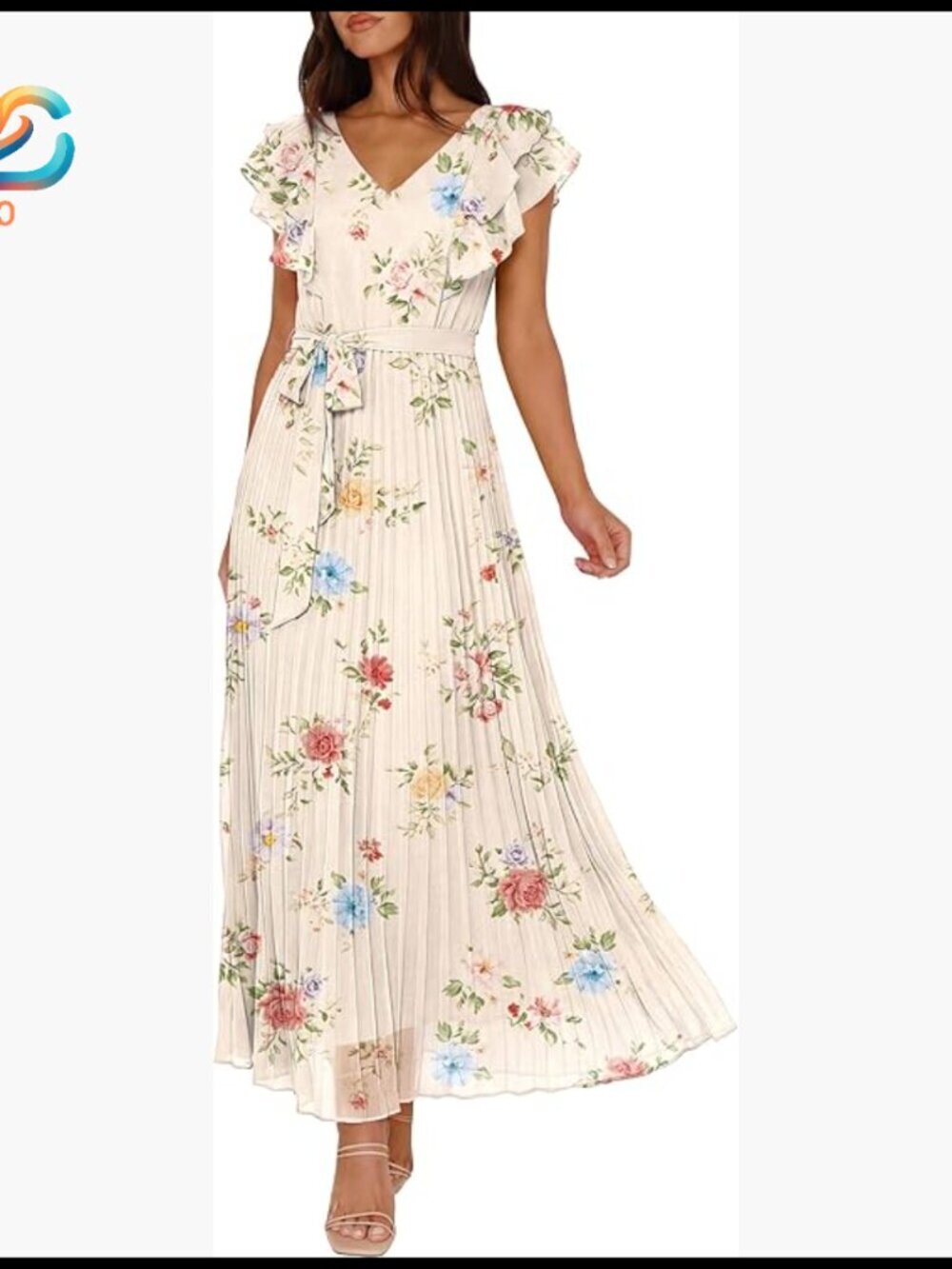 V Neck Ruffle Sleeve Floral Pleated Maxi Dress Empire Waist Boho